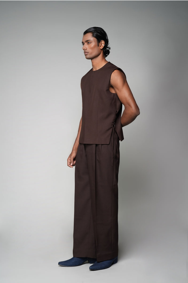 ROSANI The Forme vest in mocha - structured sleeveless vest with metallic loop waist detail, front side view
