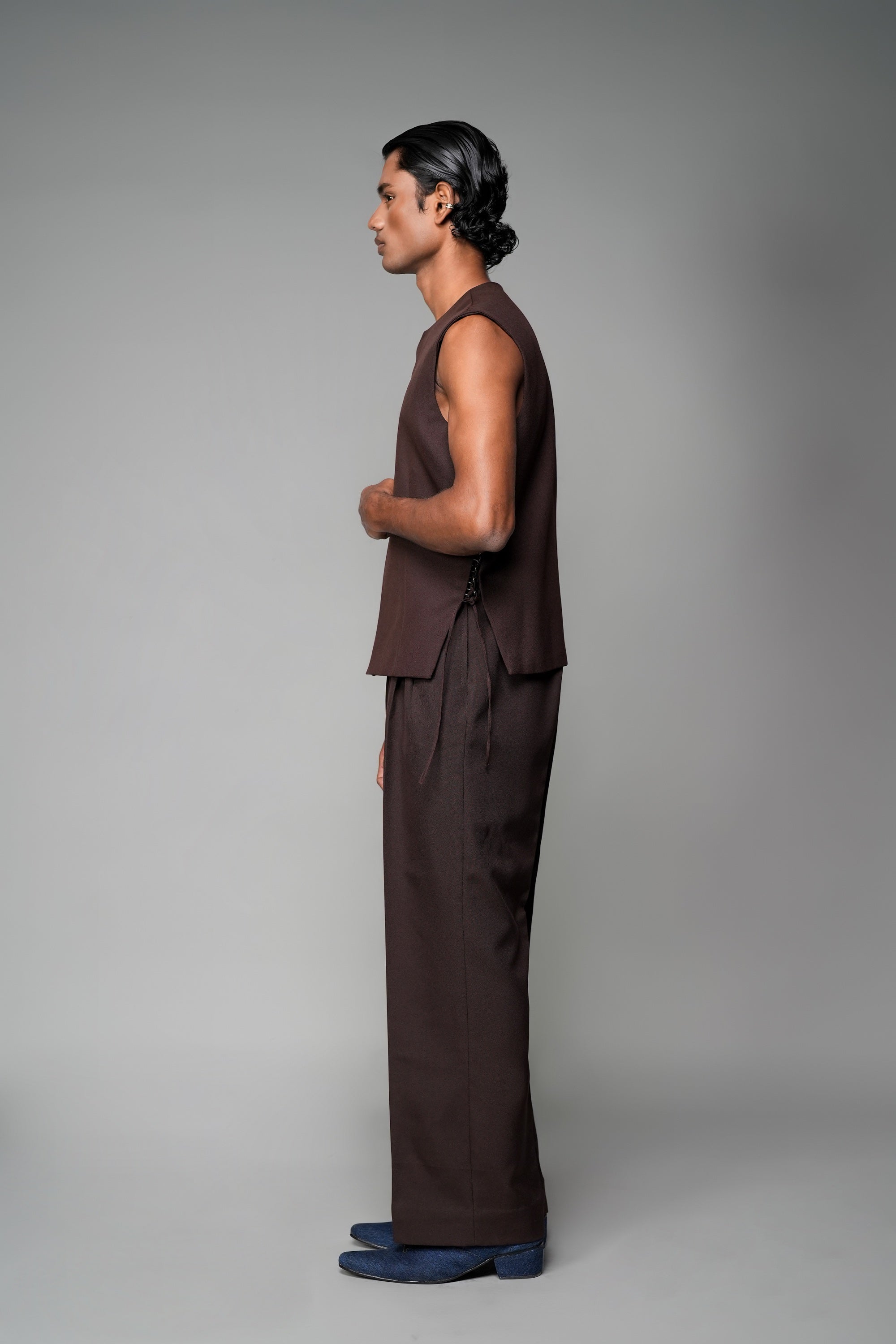 ROSANI The Forme vest in mocha - structured sleeveless vest with metallic loop waist detail, side view