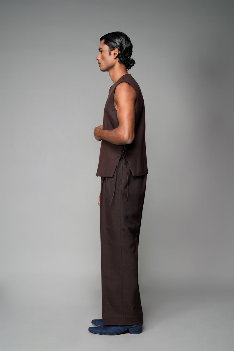 ROSANI The Forme vest in mocha - structured sleeveless vest with metallic loop waist detail, side view