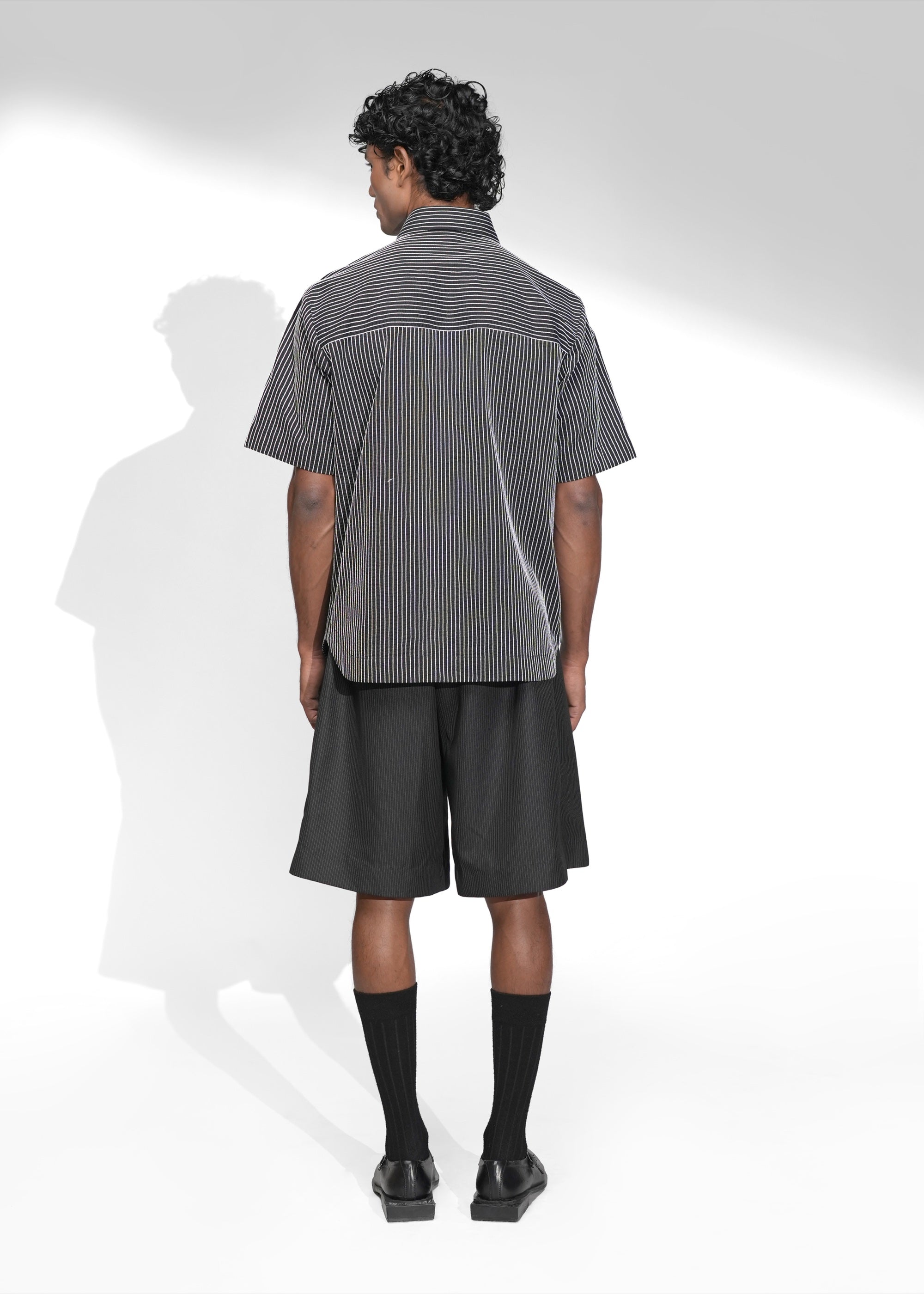 ROSANI The Frame shirt in black - hand-embroidered cotton thread stripe shirt, back view