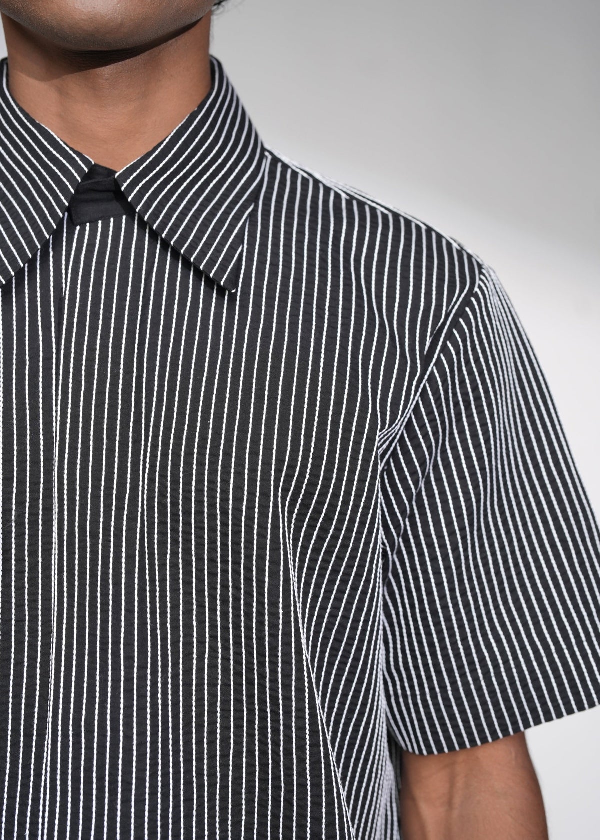 ROSANI The Frame shirt in black - hand-embroidered cotton thread stripe texture, close-up detail