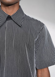 ROSANI The Frame shirt in black - hand-embroidered cotton thread stripe texture, close-up detail