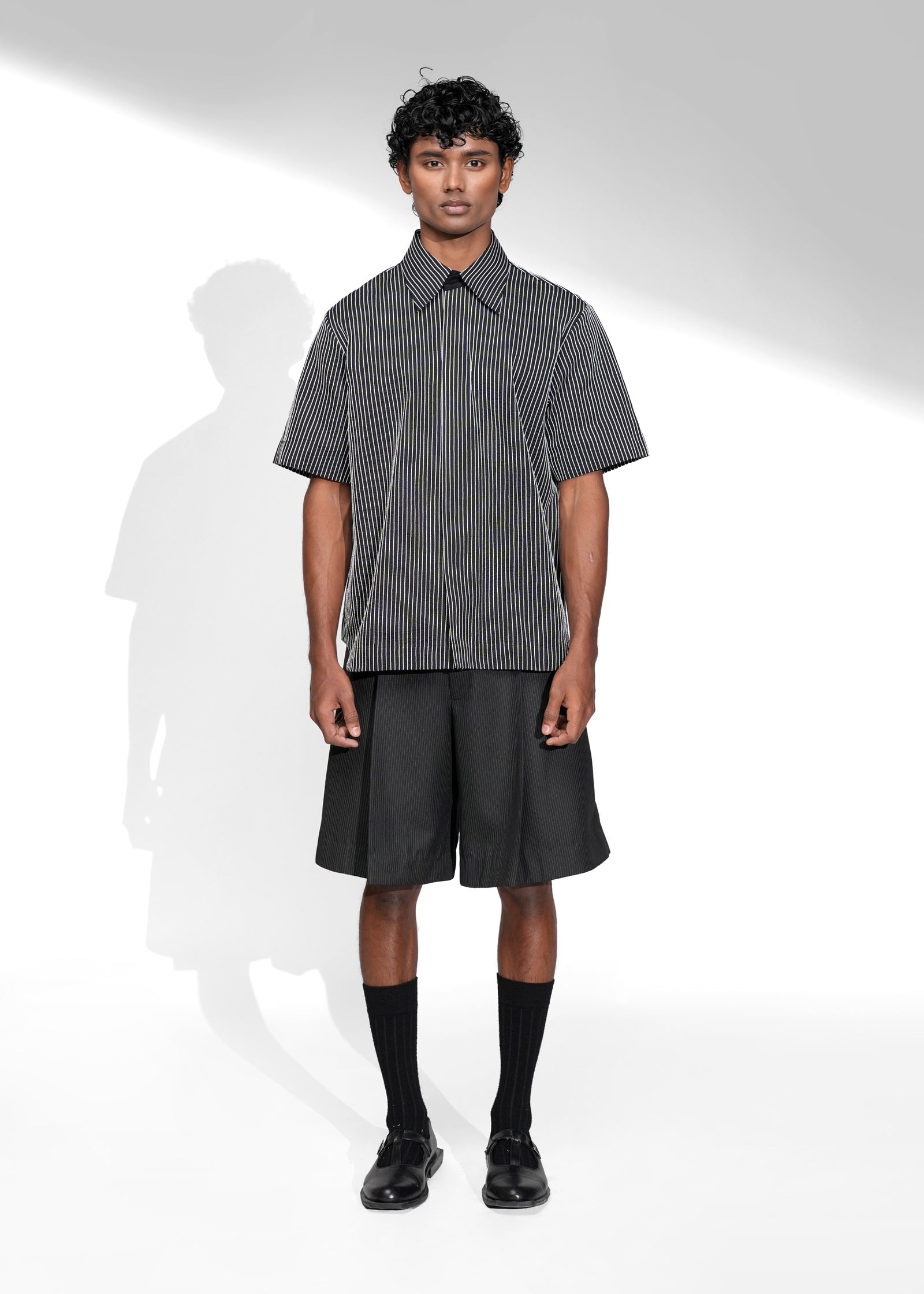 ROSANI The Frame shirt in black - hand-embroidered cotton thread stripe shirt, half-sleeve, front view
