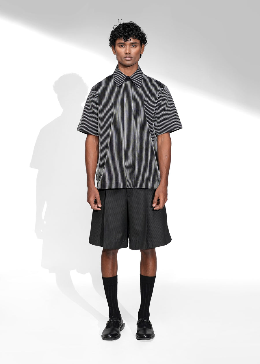ROSANI The Frame shirt in black - hand-embroidered cotton thread stripe shirt, half-sleeve, front view