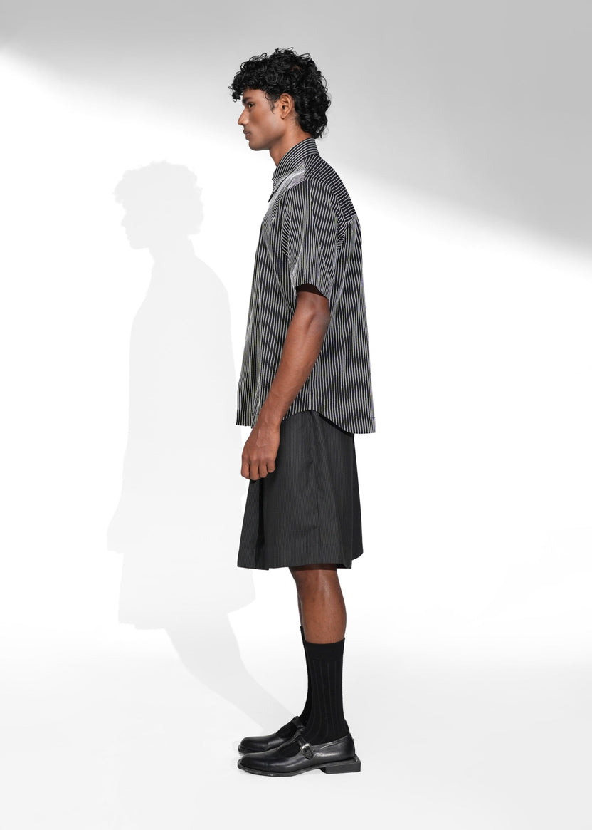 ROSANI The Frame shirt in black - hand-embroidered cotton thread stripe shirt, side view