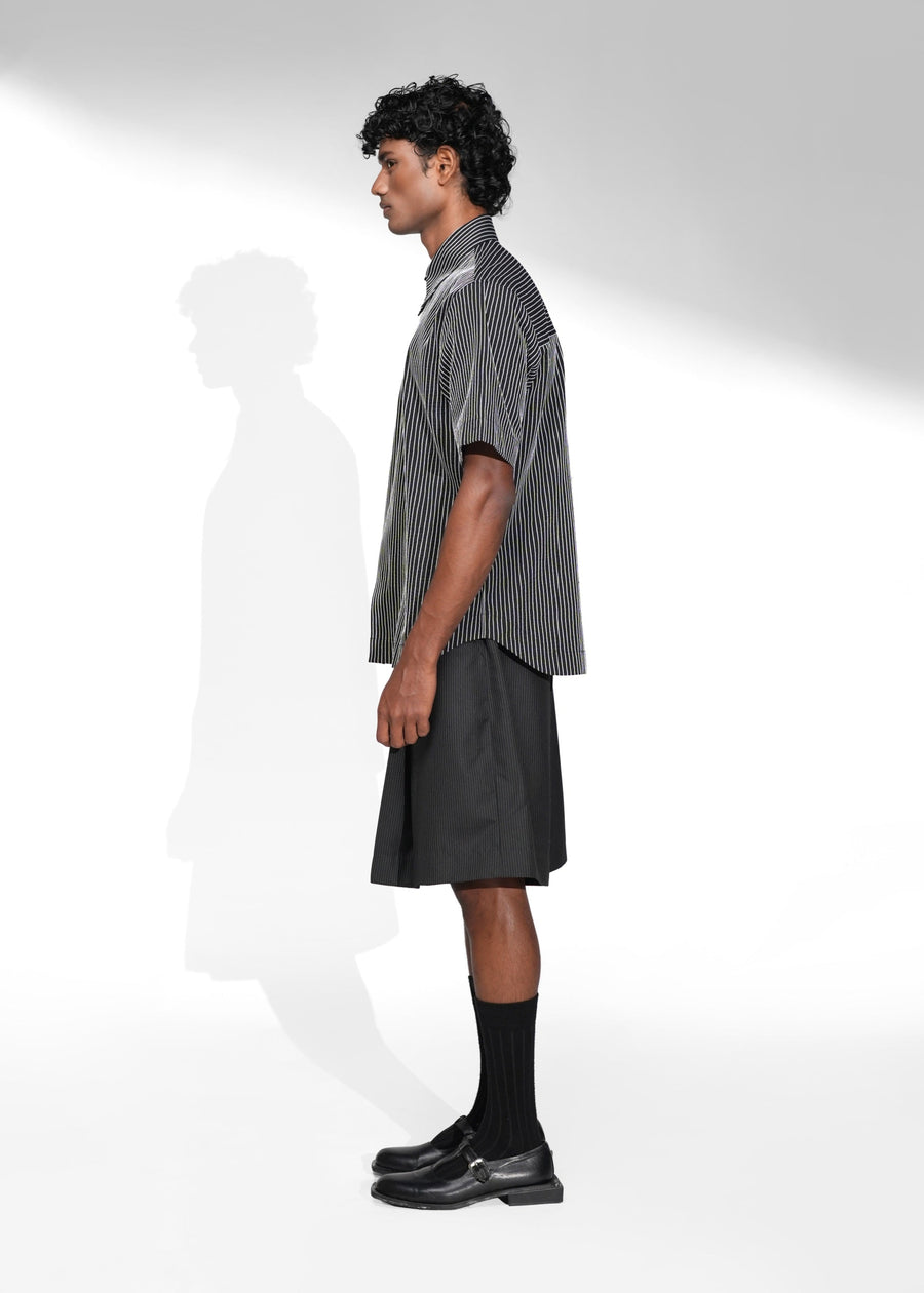 ROSANI The Frame shirt in black - hand-embroidered cotton thread stripe shirt, side view