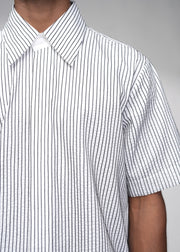 ROSANI The Frame shirt in white - hand-embroidered cotton thread stripe texture, close-up detail