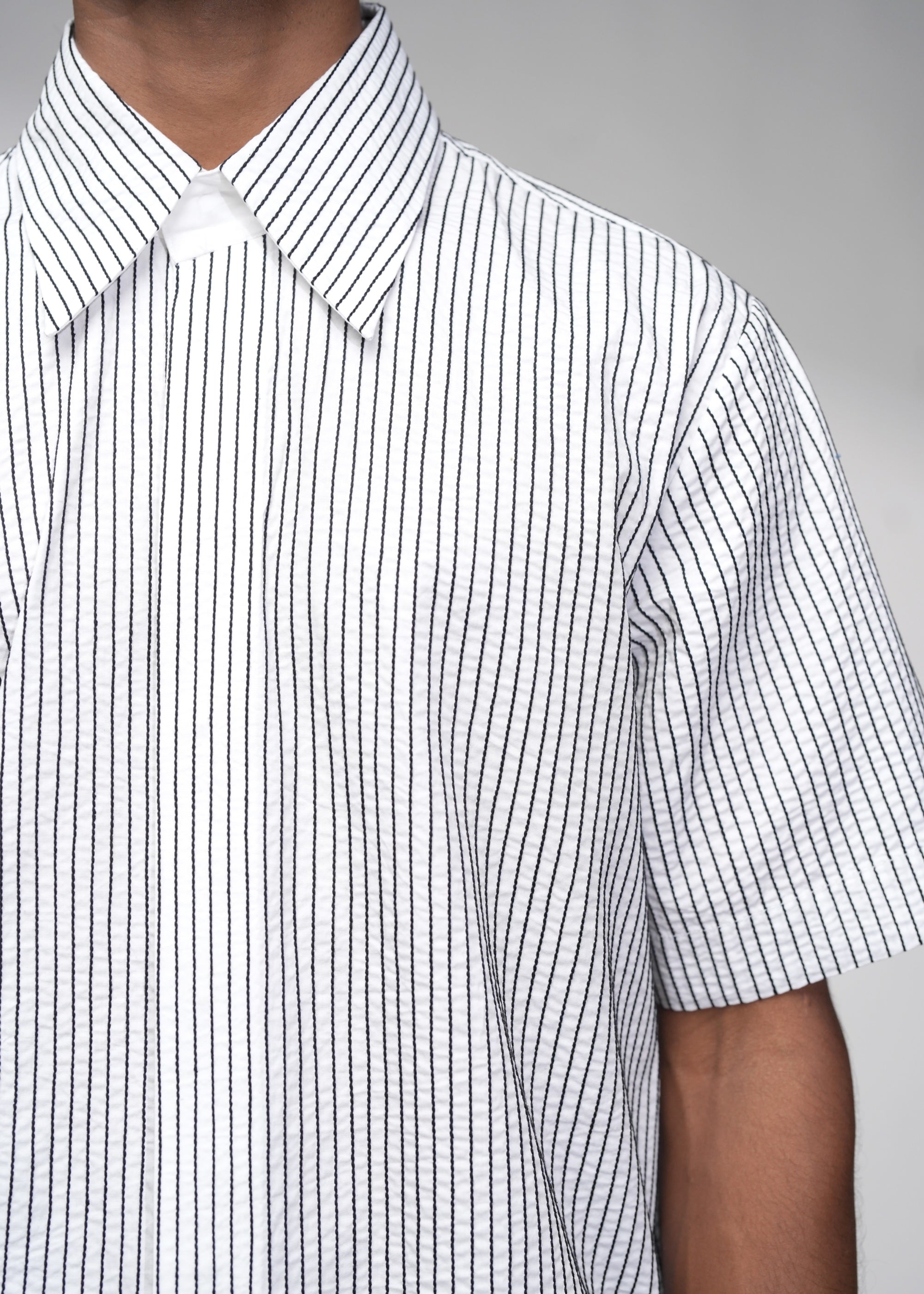 ROSANI The Frame shirt in white - hand-embroidered cotton thread stripe texture, close-up detail