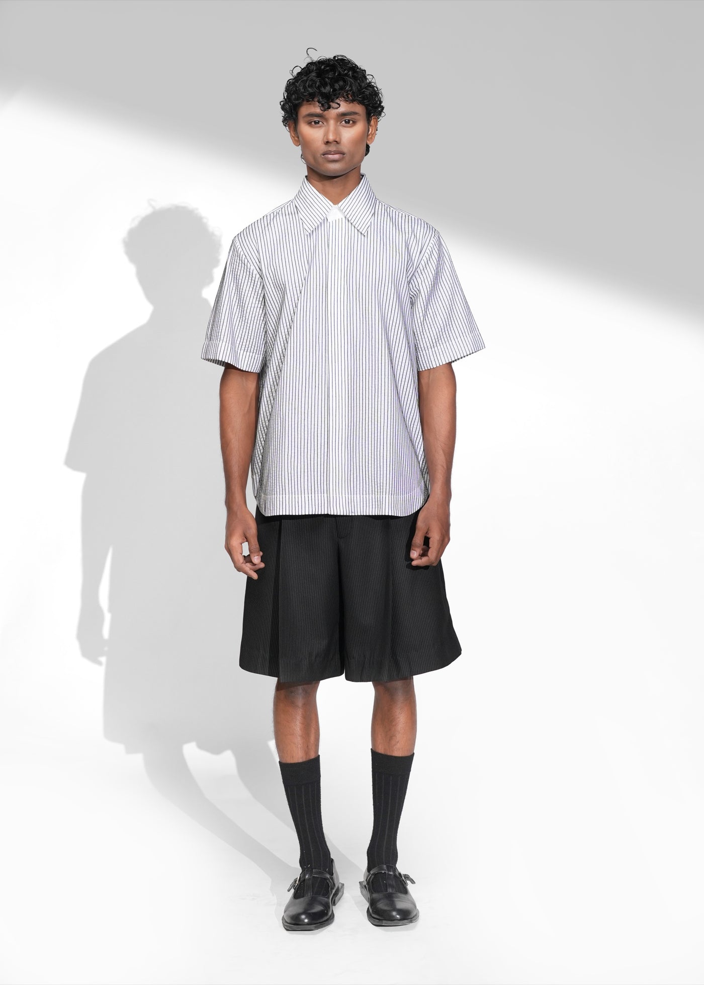 ROSANI The Frame shirt in white - hand-embroidered cotton thread stripe shirt, half-sleeve, front view