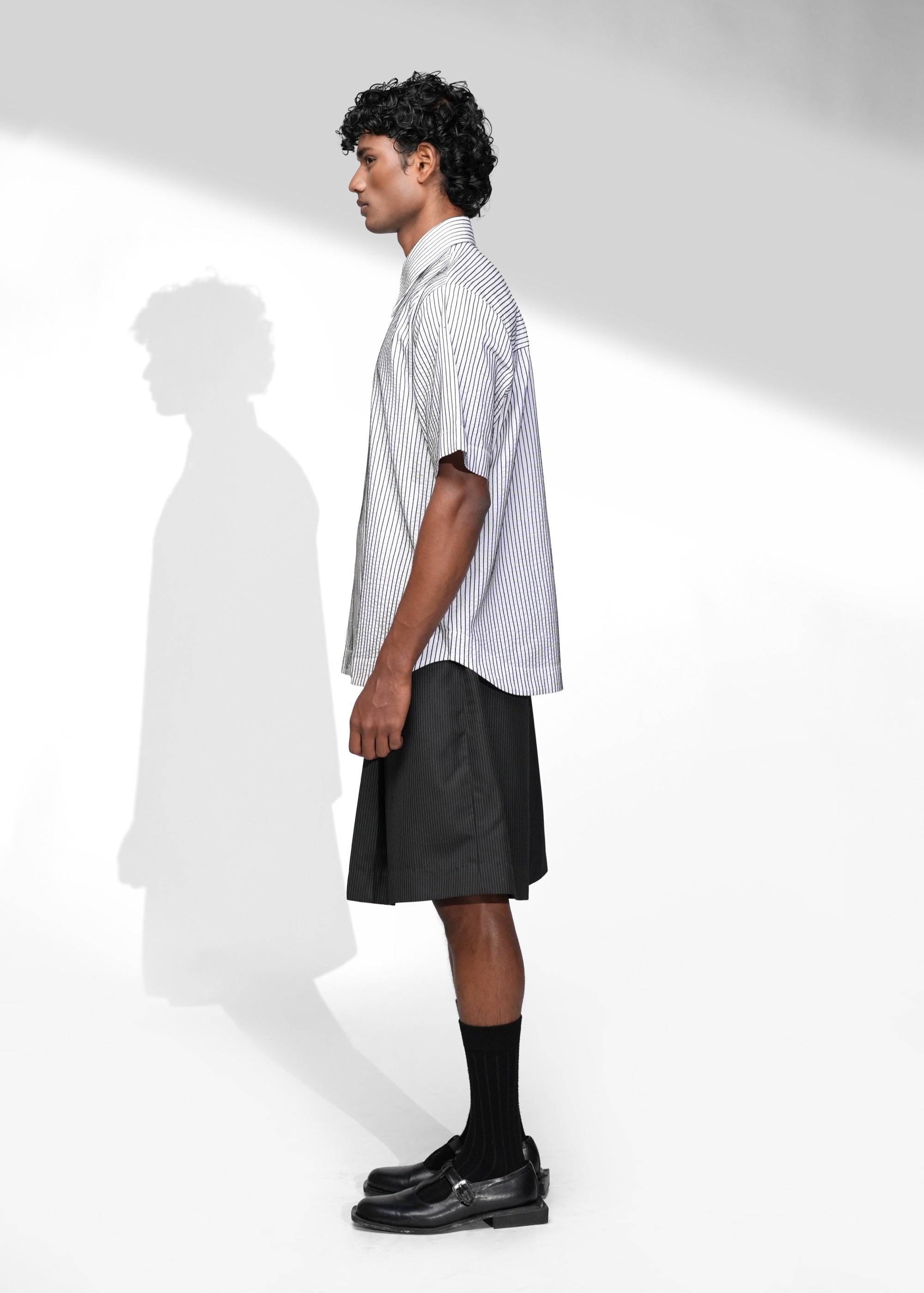 ROSANI The Frame shirt in white - hand-embroidered cotton thread stripe shirt, side view