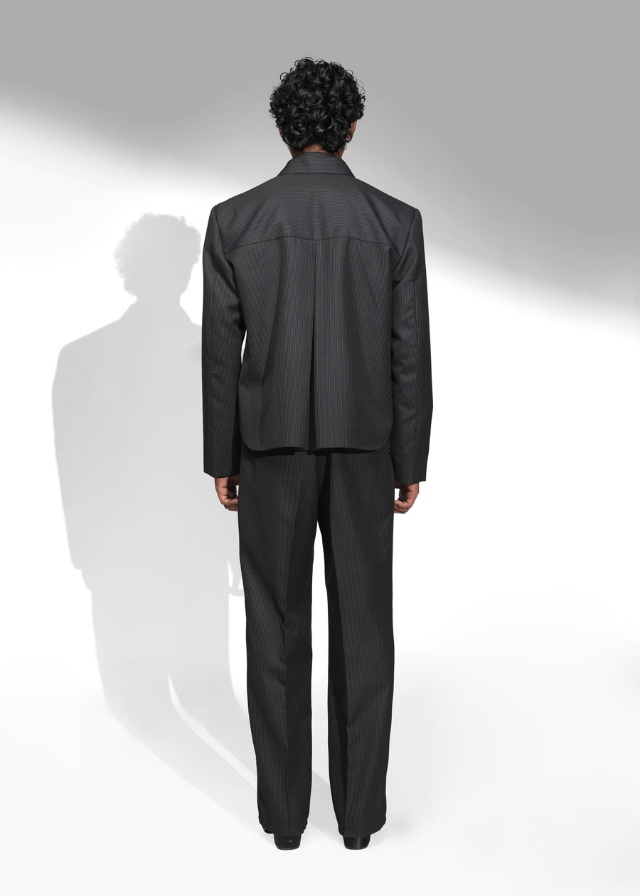 ROSANI The Haven jacket in black pinstripe - structured evening jacket with open side seams, back view
