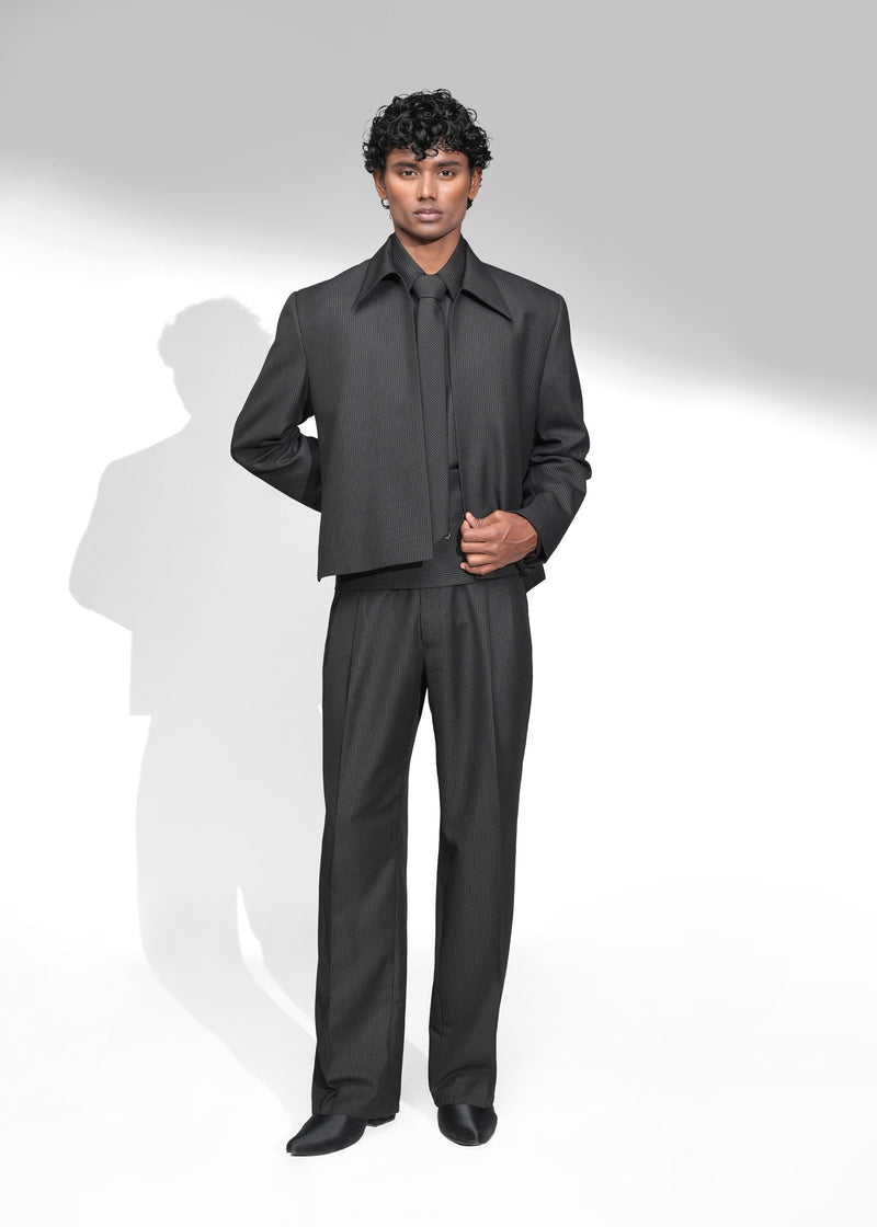 ROSANI The Haven Jacket in pinstripe black, textured zip-front jacket styled with matching trousers and tie, front view