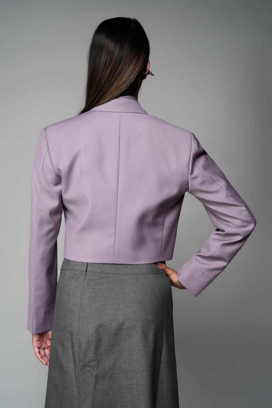 ROSANI The Horizon set in wisteria - cropped blazer with matching sleeveless shirt and tie, back view