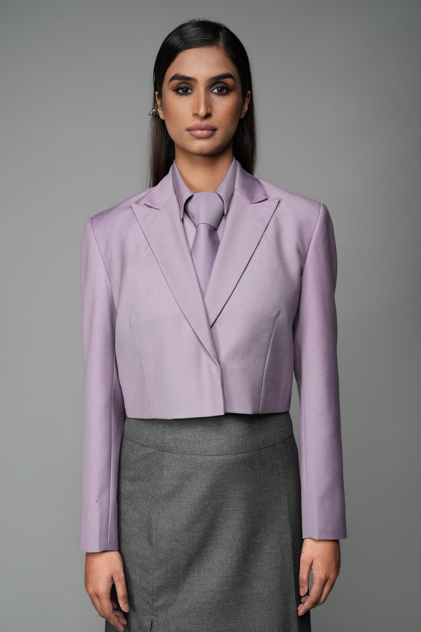 ROSANI The Horizon set in wisteria - cropped blazer with matching sleeveless shirt and tie, front view