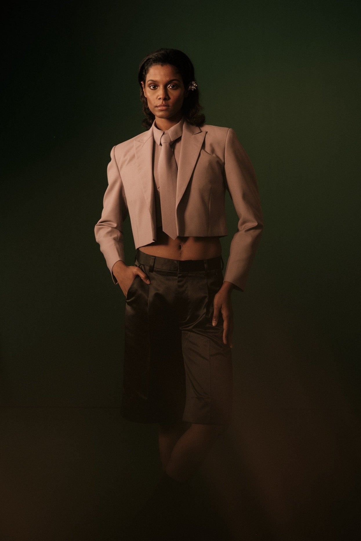 ROSANI The Horizon set in wisteria - cropped blazer with matching sleeveless shirt and tie, editorial detail view styled with tailored shorts