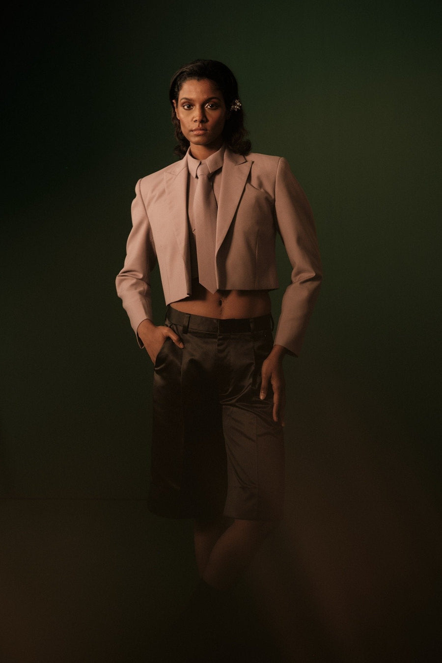 ROSANI The Horizon set in wisteria - cropped blazer with matching sleeveless shirt and tie, editorial detail view styled with tailored shorts