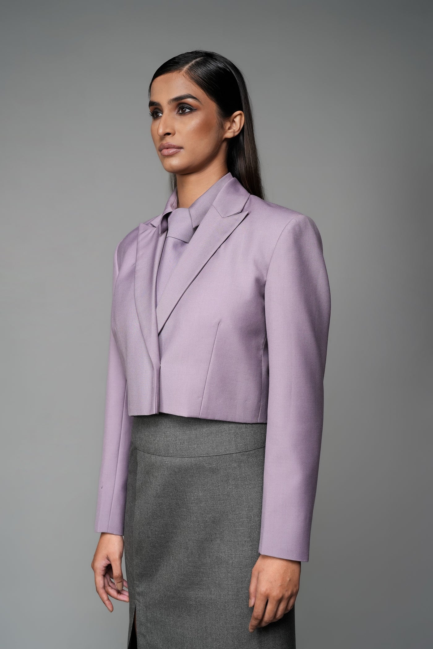 ROSANI The Horizon set in wisteria - cropped blazer with matching sleeveless shirt and tie, front side view