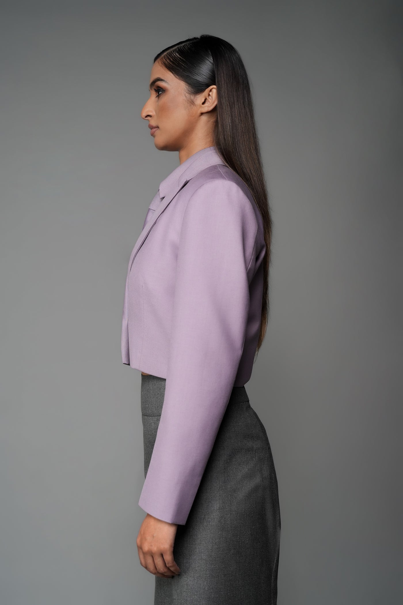 ROSANI The Horizon set in wisteria - cropped blazer with matching sleeveless shirt and tie, side view