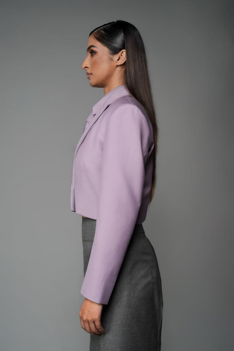 ROSANI The Horizon Set, cropped lilac blazer with matching tie and shirt, side view
