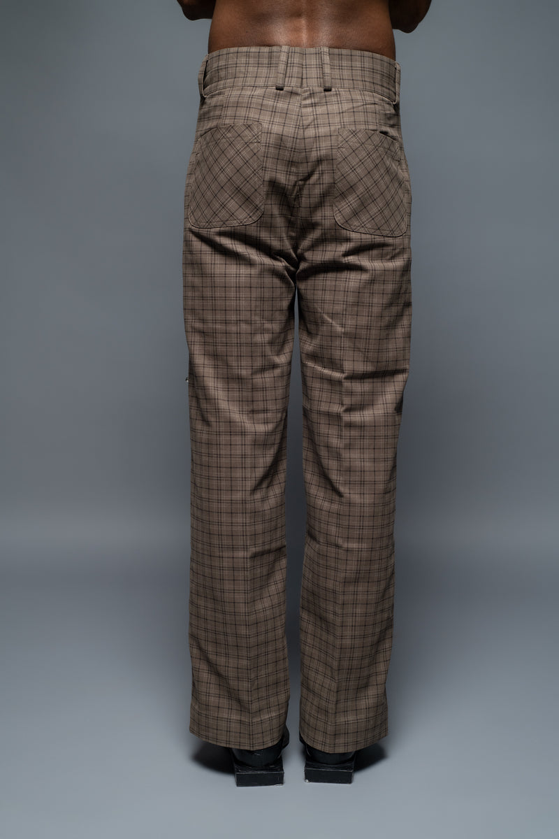 ROSANI The Katu trouser in brown check - relaxed-fit checked trousers with metallic inserts and applique back pockets, back view