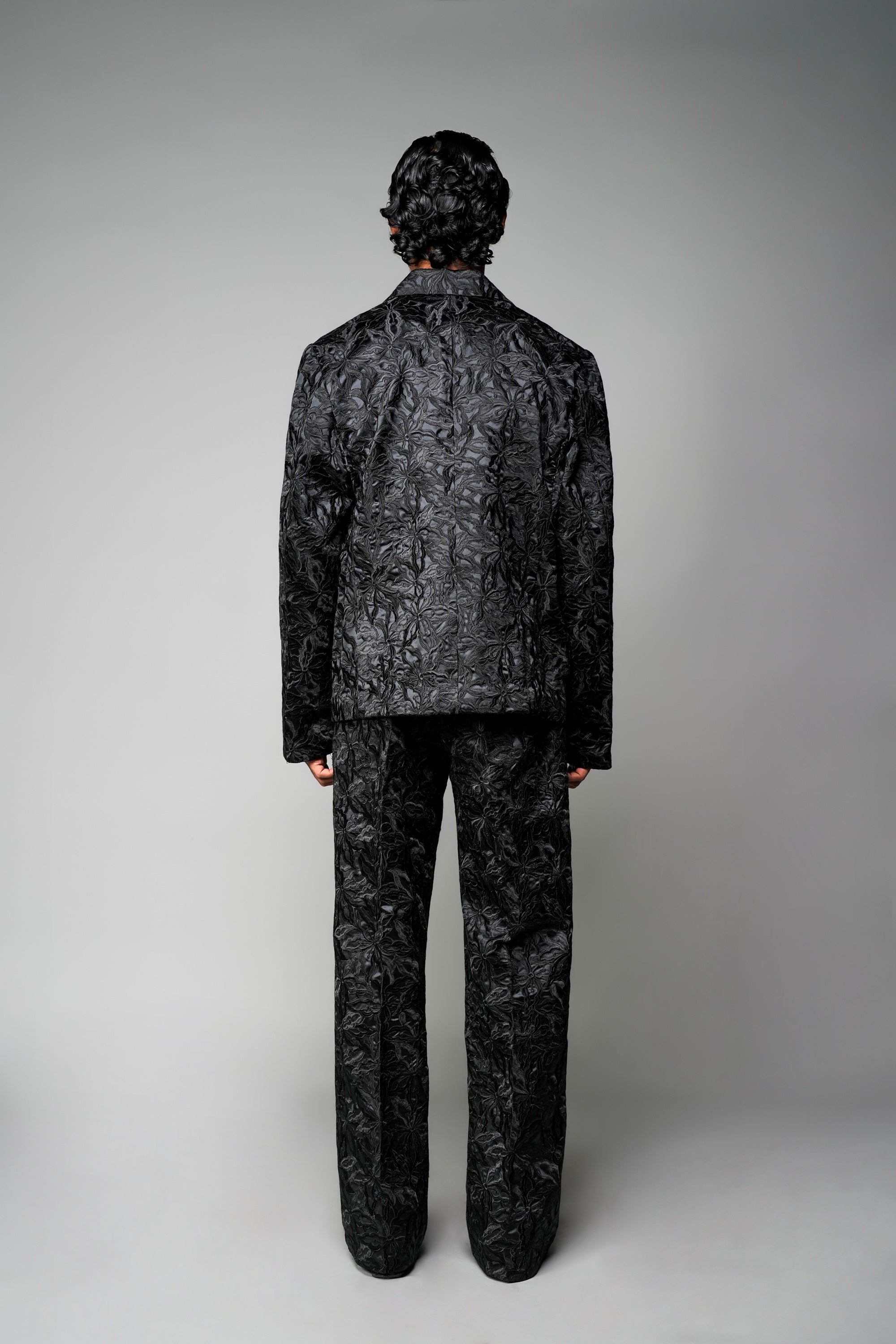 ROSANI The Lumen blazer in black - fully thread-embroidered blazer styled with matching trouser, back view