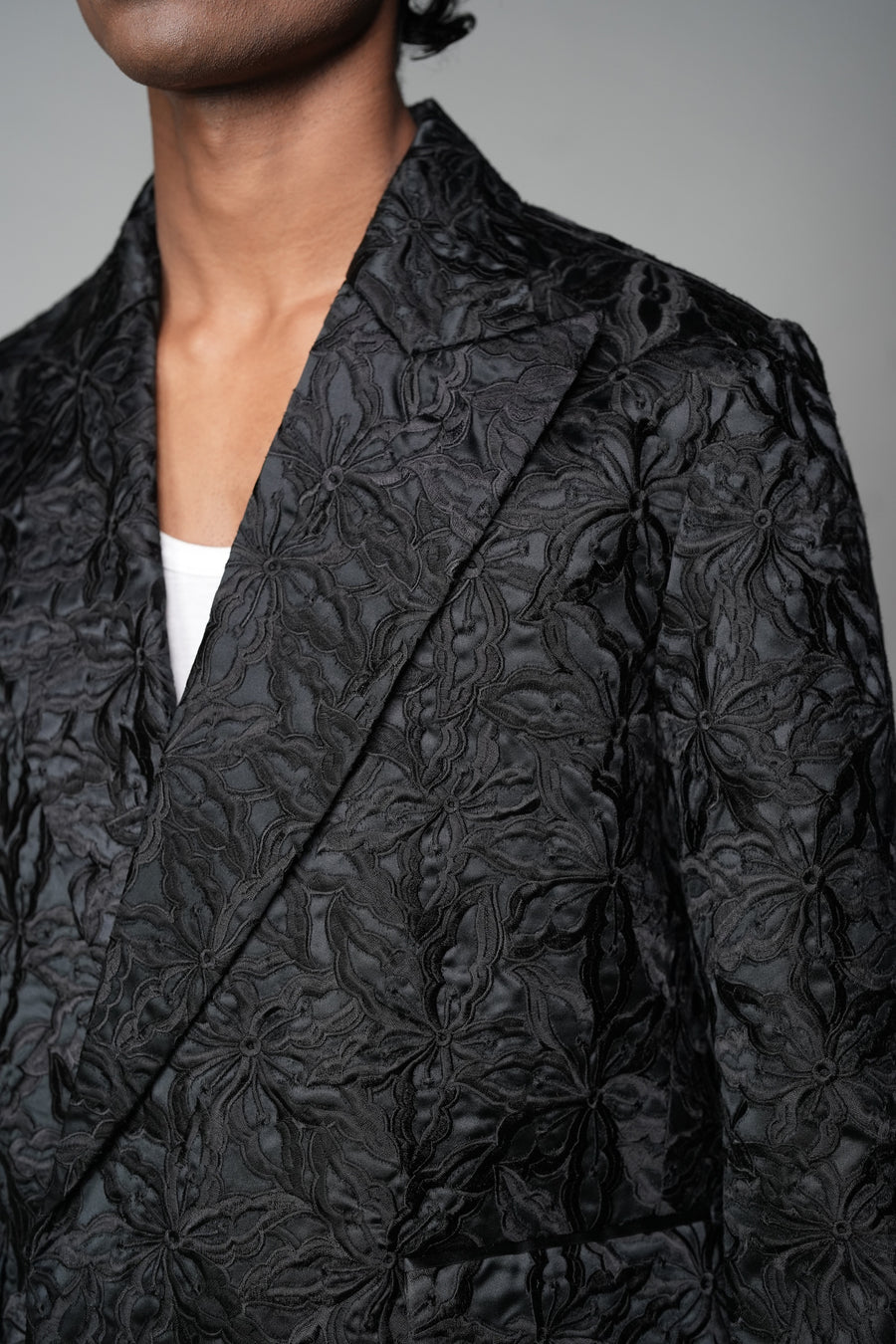 ROSANI The Lumen blazer in black - cotton thread embroidery surface detail, close-up