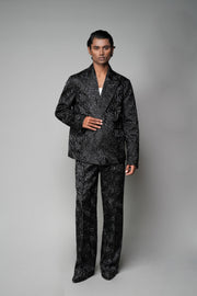 ROSANI The Lumen blazer in black - fully thread-embroidered blazer styled with matching trouser, front view