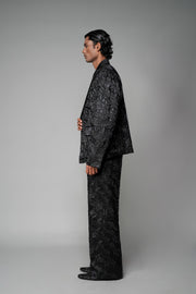 ROSANI The Lumen blazer in black - fully thread-embroidered blazer styled with matching trouser, side view