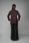 ROSANI The Monolith jacket in mocha - longline collared jacket with all-over metallic embellishment, back view