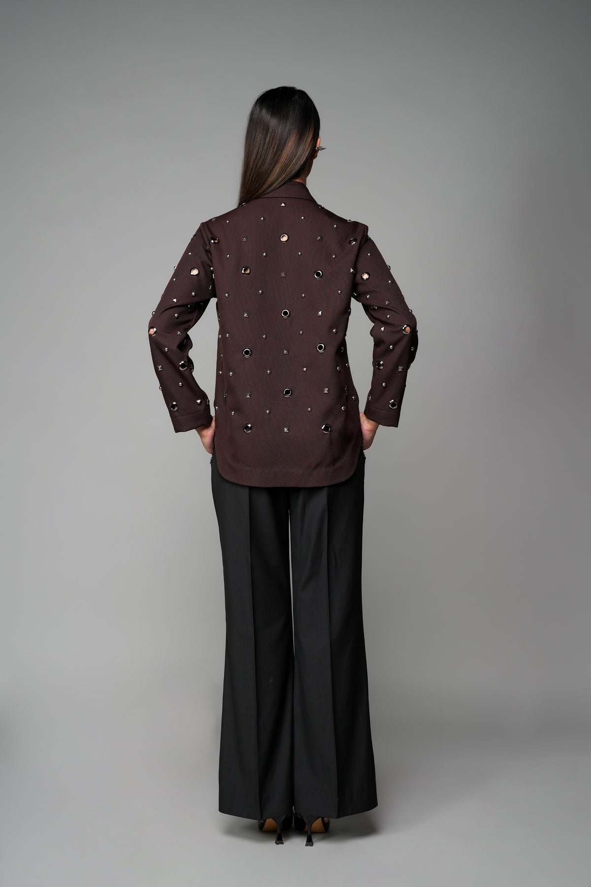 ROSANI The Monolith jacket in mocha - longline collared jacket with all-over metallic embellishment, back view