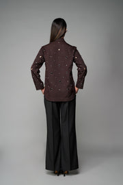 ROSANI The Monolith jacket in mocha - longline collared jacket with all-over metallic embellishment, back view