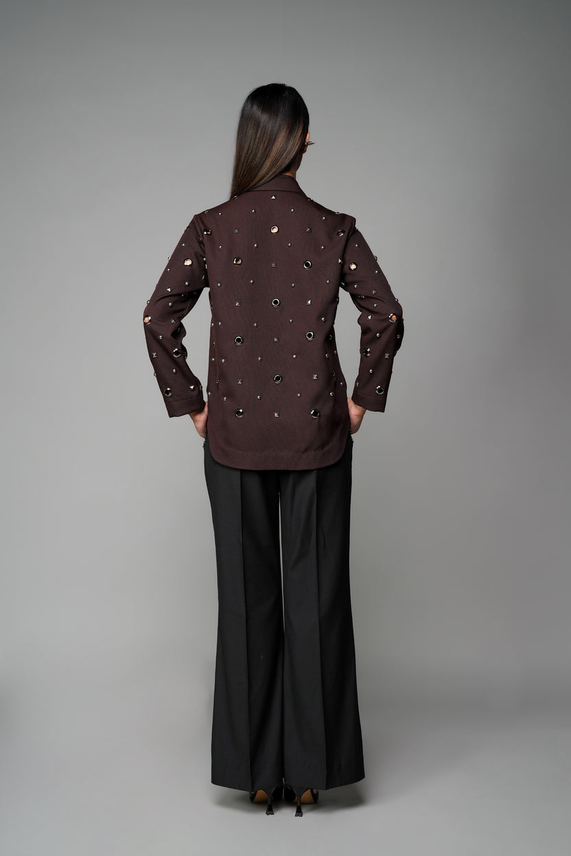 ROSANI The Monolith jacket in mocha - longline collared jacket with all-over metallic embellishment, back view