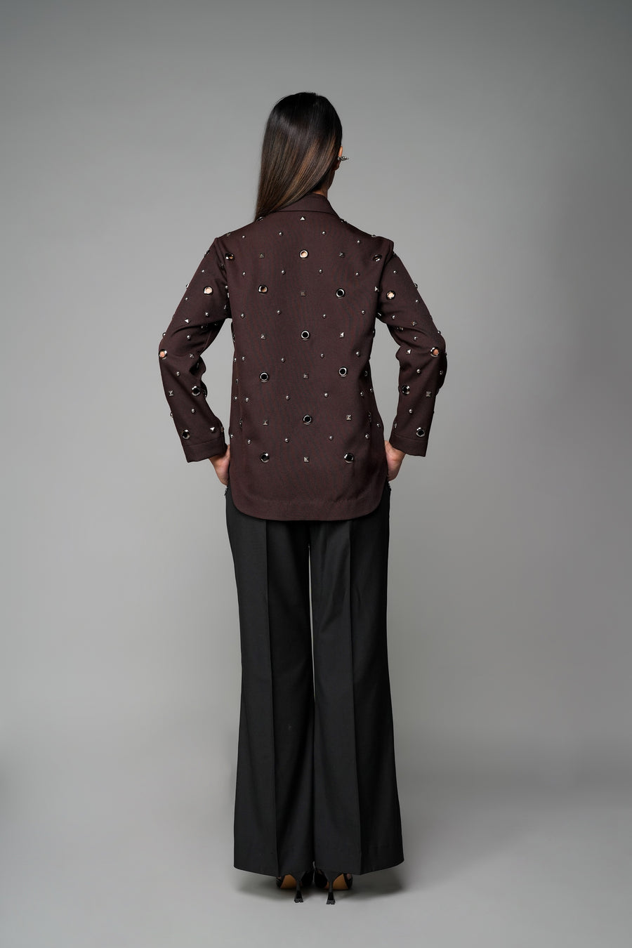 ROSANI The Monolith jacket in mocha - longline collared jacket with all-over metallic embellishment, back view