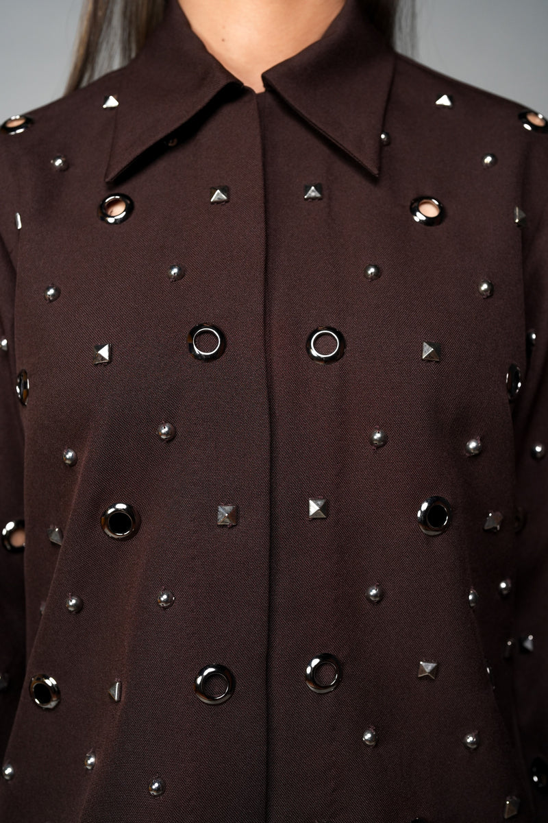 ROSANI The Monolith jacket in brown - collared long-sleeve jacket with all-over metal stud and ring embellishments, detail view