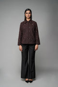 ROSANI The Monolith jacket in mocha - longline collared jacket with all-over metallic embellishment, front view