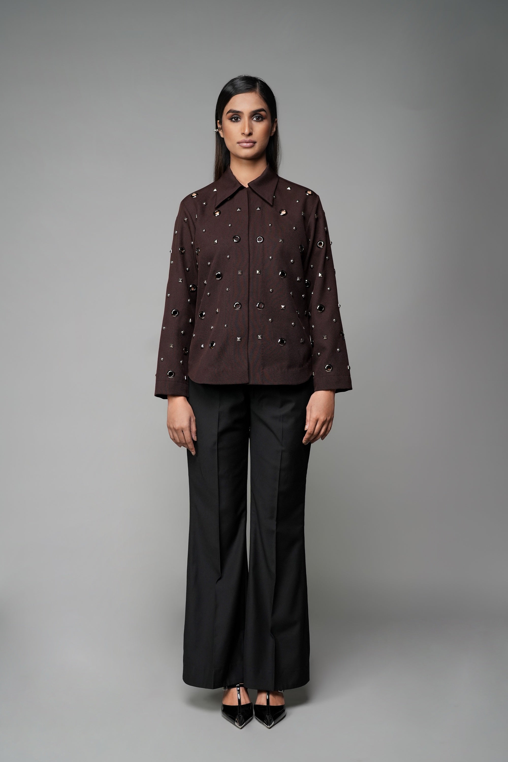 ROSANI The Monolith jacket in mocha - longline collared jacket with all-over metallic embellishment, front view
