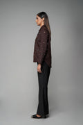 ROSANI The Monolith jacket in mocha - longline collared jacket with all-over metallic embellishment, side view