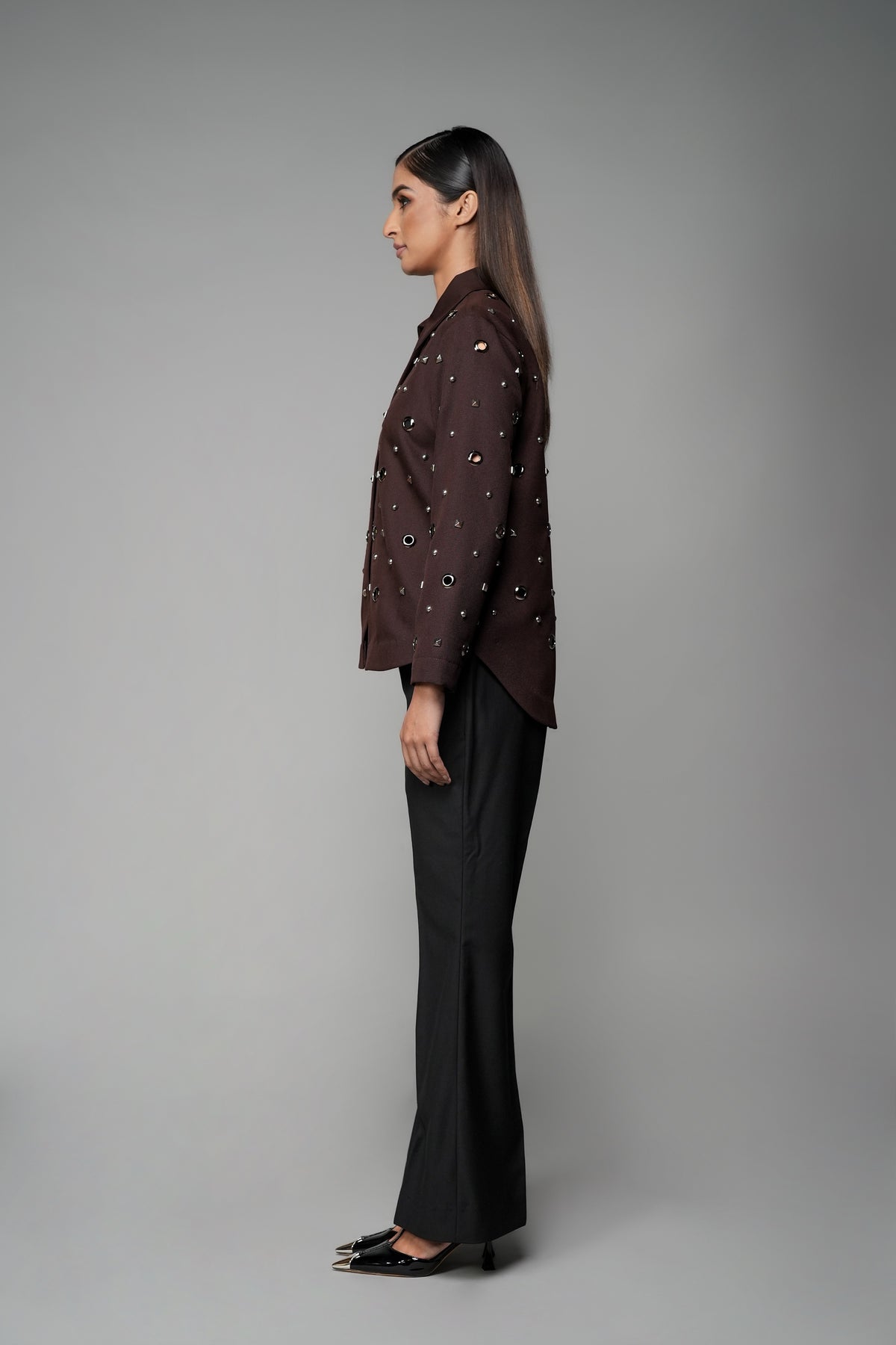ROSANI The Monolith jacket in mocha - longline collared jacket with all-over metallic embellishment, side view