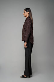 ROSANI The Monolith jacket in mocha - longline collared jacket with all-over metallic embellishment, side view