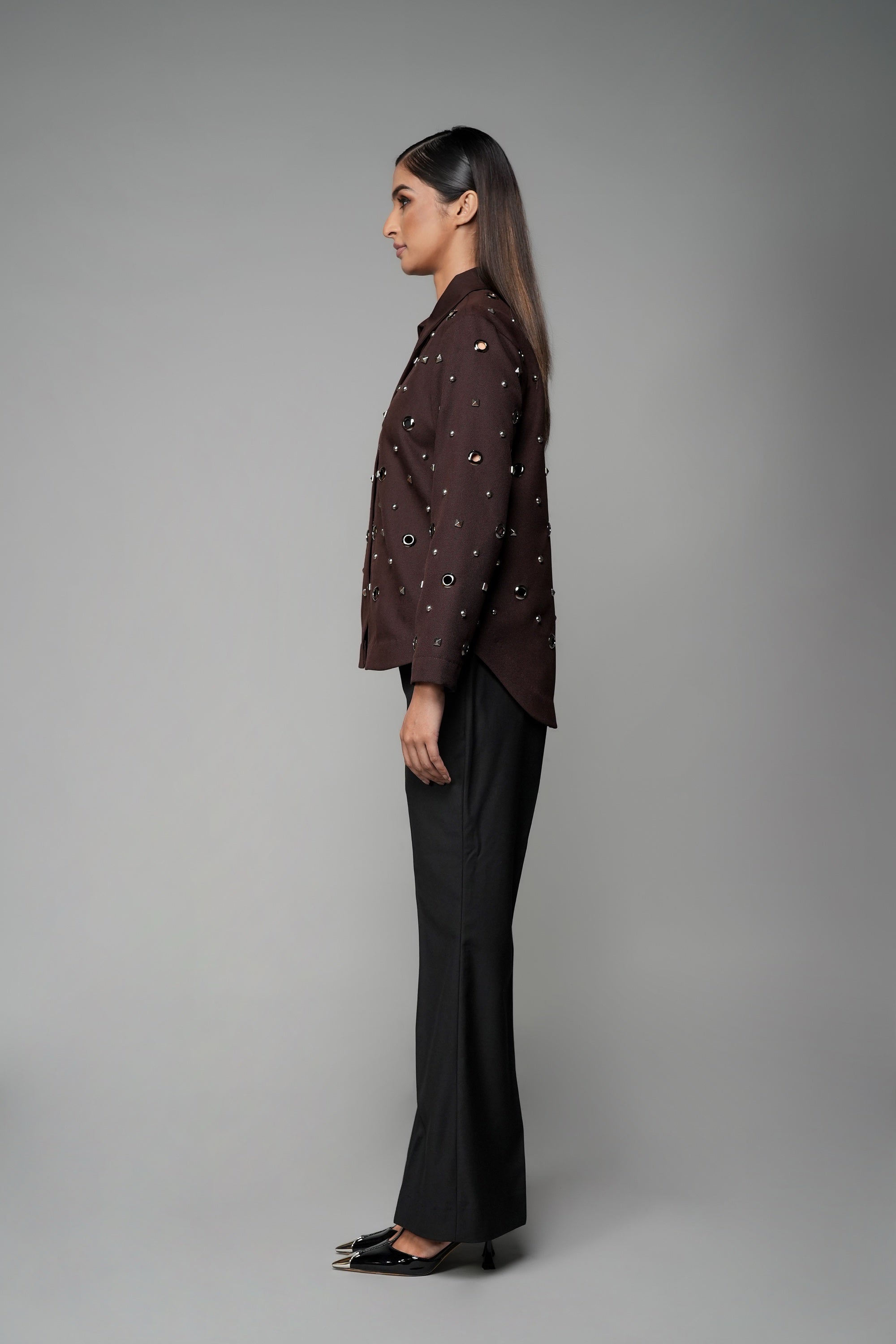 ROSANI The Monolith jacket in mocha - longline collared jacket with all-over metallic embellishment, side view