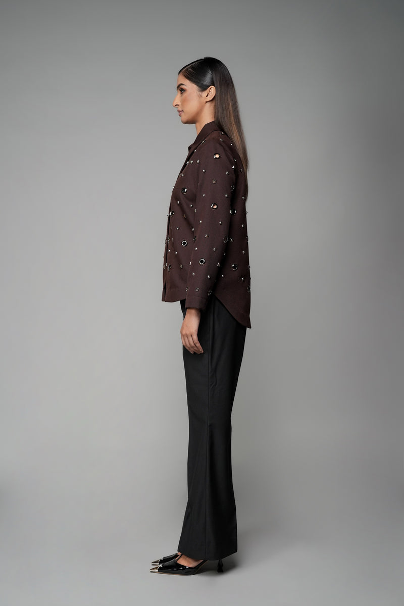 ROSANI The Monolith jacket in brown - collared long-sleeve jacket with all-over metal stud and ring embellishments, side view