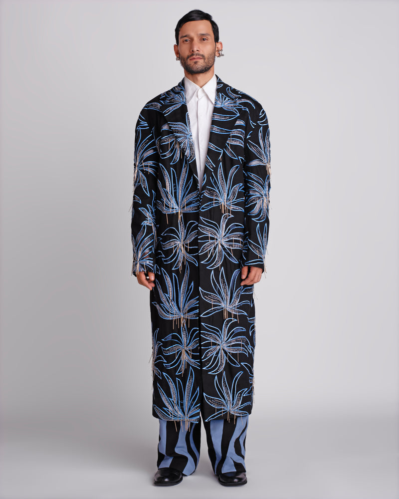 ROSANI The Noah coat in black - longline embellished evening coat with hand cutwork and blue thread embroidery, front view