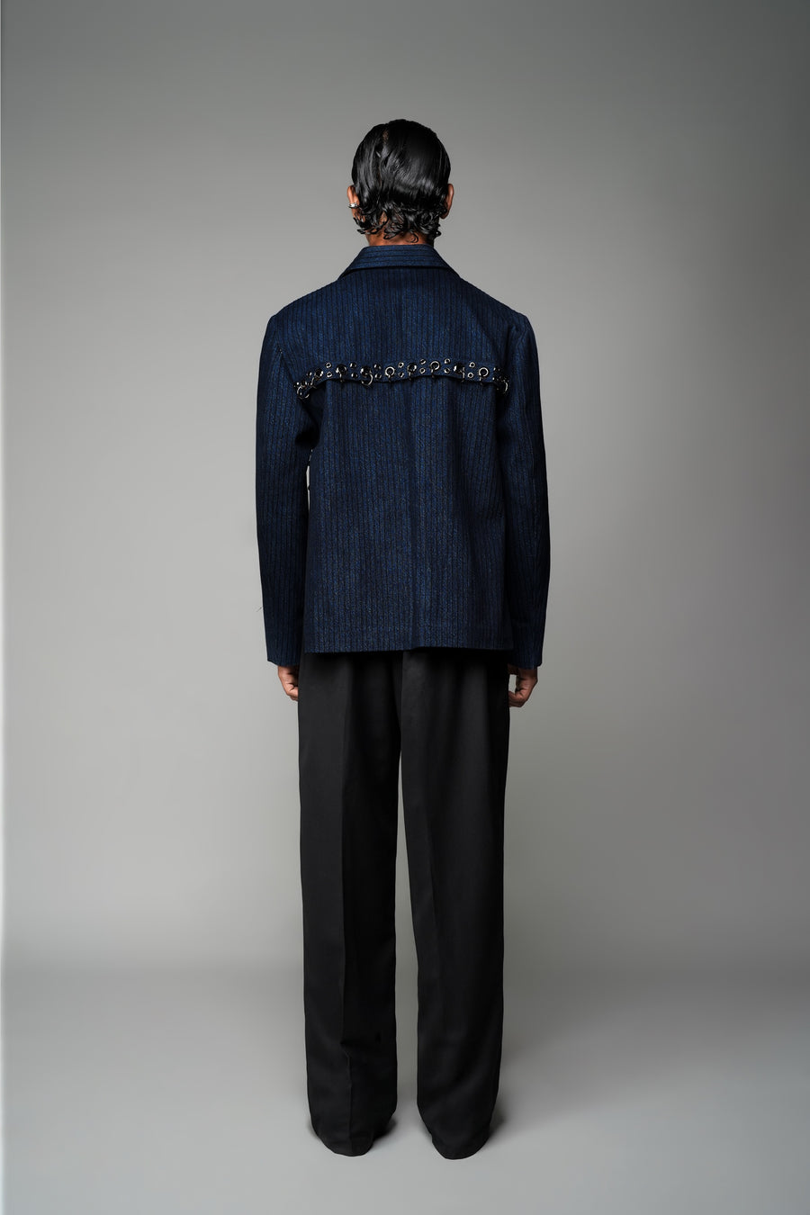 ROSANI The Noema jacket in midnight denim - anchor-thread embroidered jacket with metal ring detail, back view