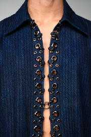 ROSANI The Noema jacket in midnight denim - metal ring and eyelet seam, second detail view