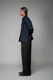 ROSANI The Noema jacket in midnight denim - anchor-thread embroidered jacket with metal ring detail, side view