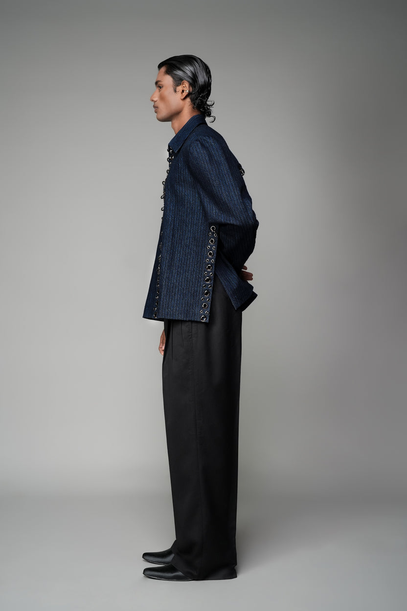 ROSANI The Noema jacket in midnight denim - anchor-thread embroidered jacket with metal ring detail, side view