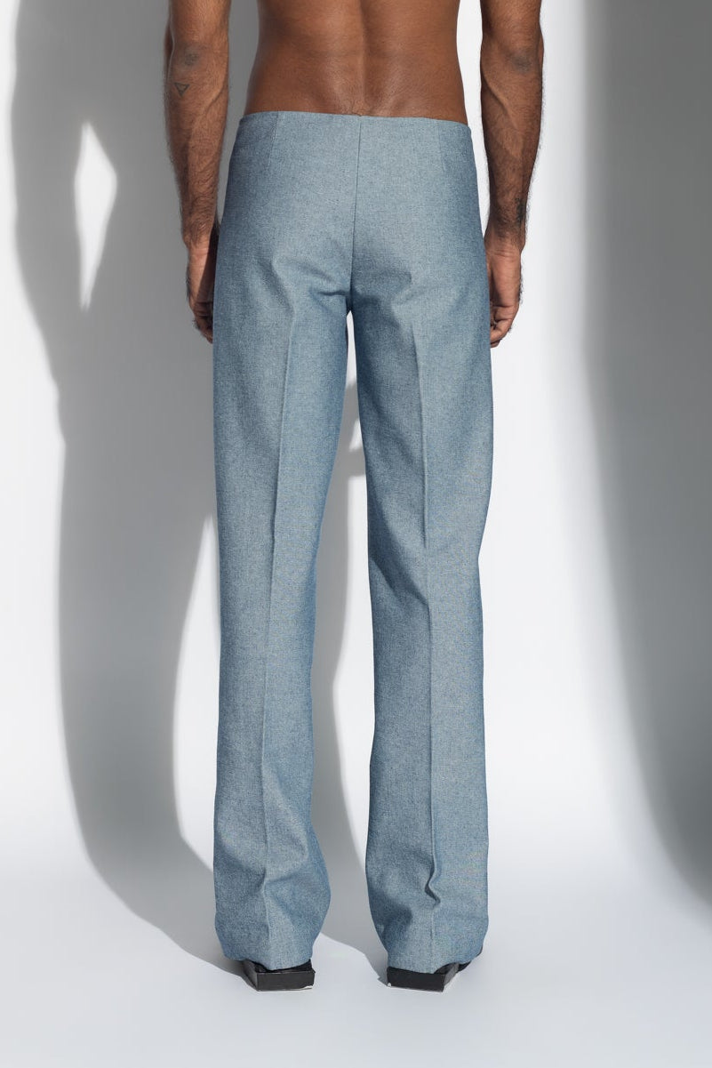 ROSANI The Ovie denim in light denim - fitted straight-leg inverted denim with a concealed waistband and sharp front seam lines, back view