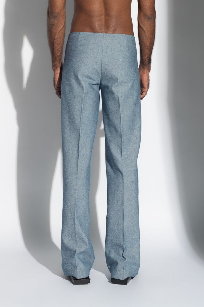 ROSANI The Ovie denim in light denim - fitted straight-leg inverted denim with a concealed waistband and sharp front seam lines, back view