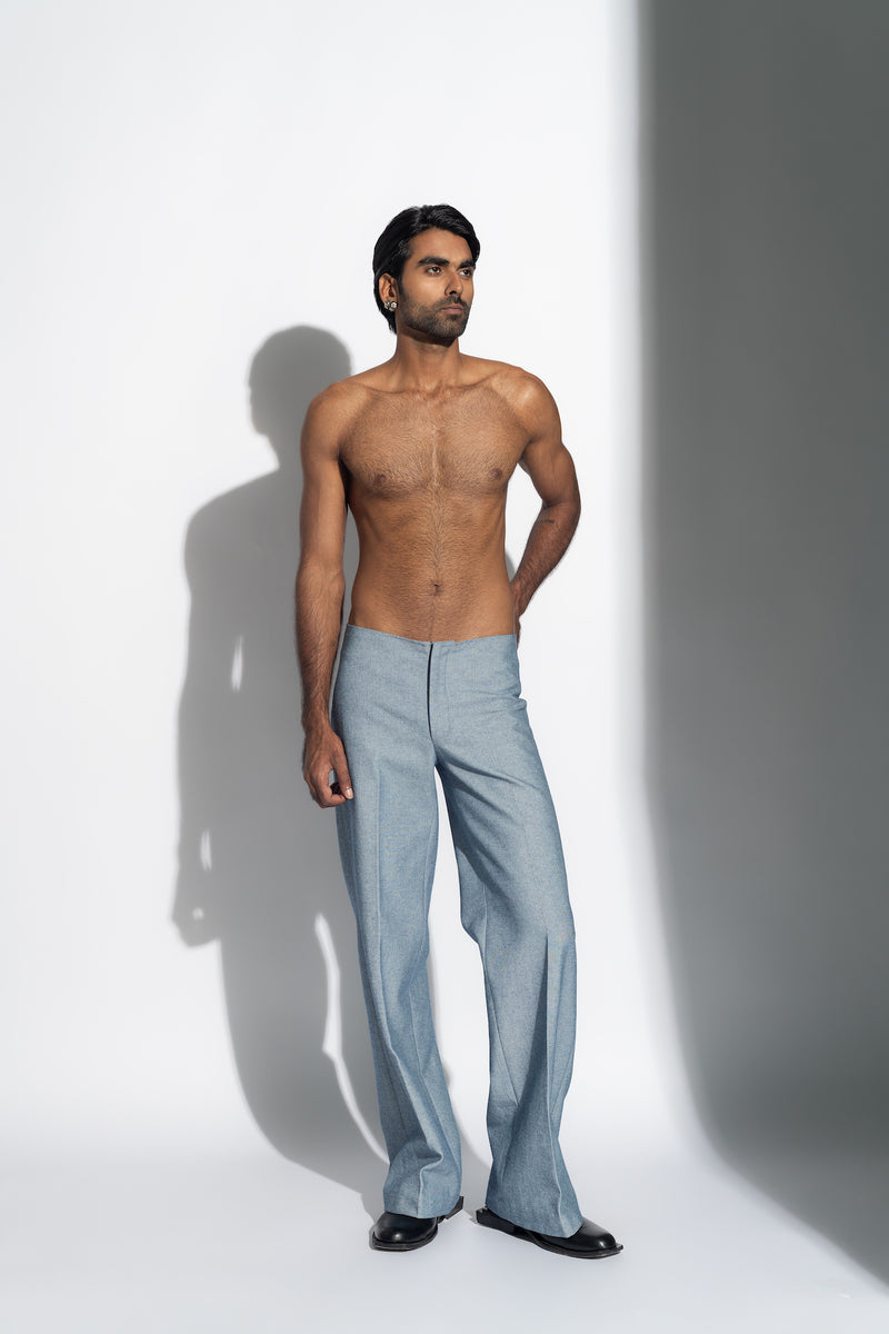 ROSANI The Ovie denim in light denim - fitted straight-leg inverted denim with a concealed waistband and sharp front seam lines, full front view