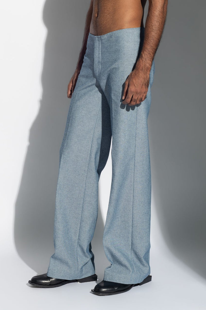 ROSANI The Ovie denim in light denim - fitted straight-leg inverted denim with a concealed waistband and sharp front seam lines, side view